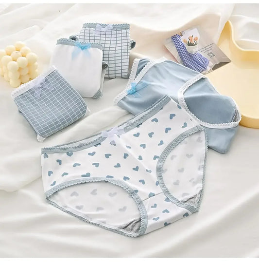 5pcs Women’s Cotton Panties Underwear Briefs Set Cute Bow Heart Plaid Print Soft Breathable Comfy Intimates Lingerie