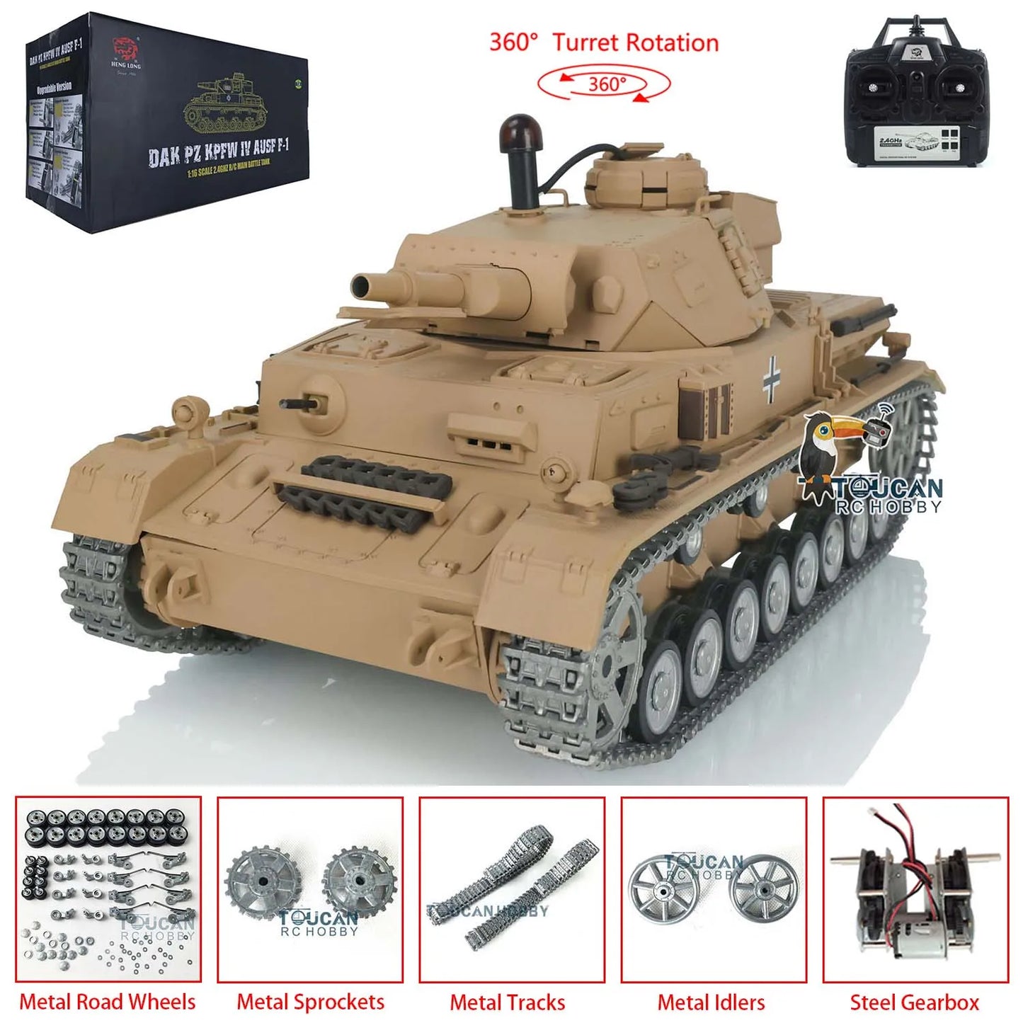 US Stock Toucan Radio Controller Vehicle Heng Long 1/16 7.0 Pro Ver Panzer IV F RTR RC Tank 3858 Metal Tracks Wheels IR Combat