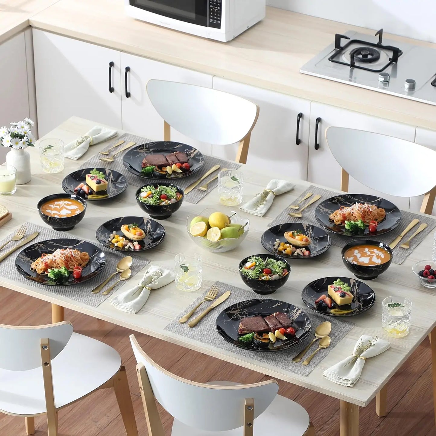 Plates and Bowls Sets for 4, 12 Pieces Porcelain Dinnerware Sets, Black and Gold Dish Set Gold Splash Dishware Sets, Dishwasher