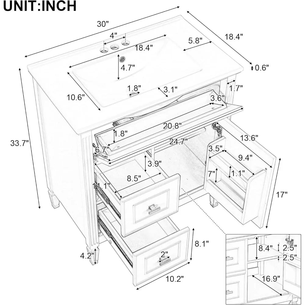30" Bathroom Vanity with Sink Combo Set, Solid Wood Frame Bathroom Storage Cabinet with 2 Drawers and a Tip-Out Drawer, a Adjus