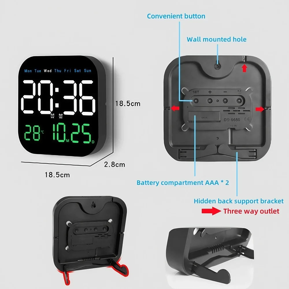 LED Digital Wall&Desk Alarm Clock –  Dimming/Date/Day of Week/Temp Display，Home Decorations Item,Battery or USB Powered