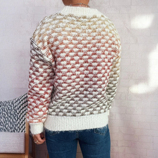 Women'S Casual Loose Pattern Gradient Color Long Sleeve Round Neck Pullover Knit Sweater Winter Clothes Woman Ropa De Mujer