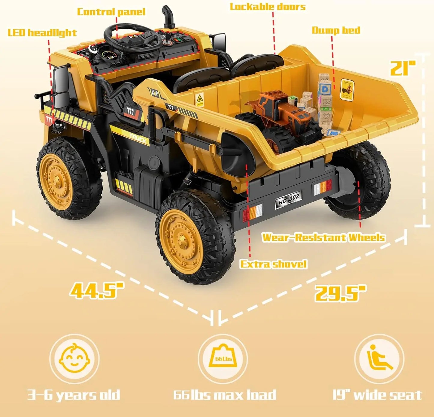 Ride on Dump Truck, 12V Ride on Car with Remote Control, Electric Dump Bed and Extra Shovel, Ride on Construction Vehicle with M