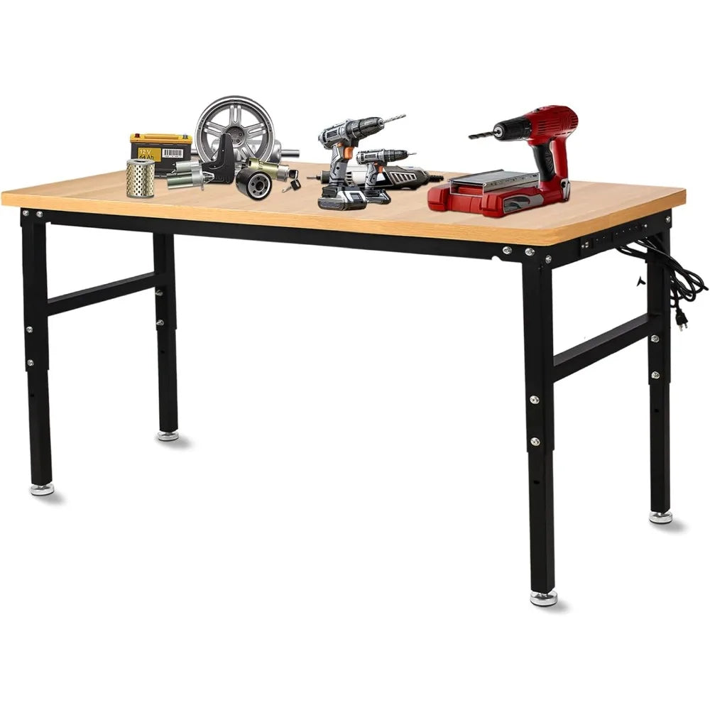 60'' Adjustable Work Bench with Power Outlet, Work Table for Garage,2000 Lbs Capacity Hardwood Workbench,Heavy Duty Table for Wo