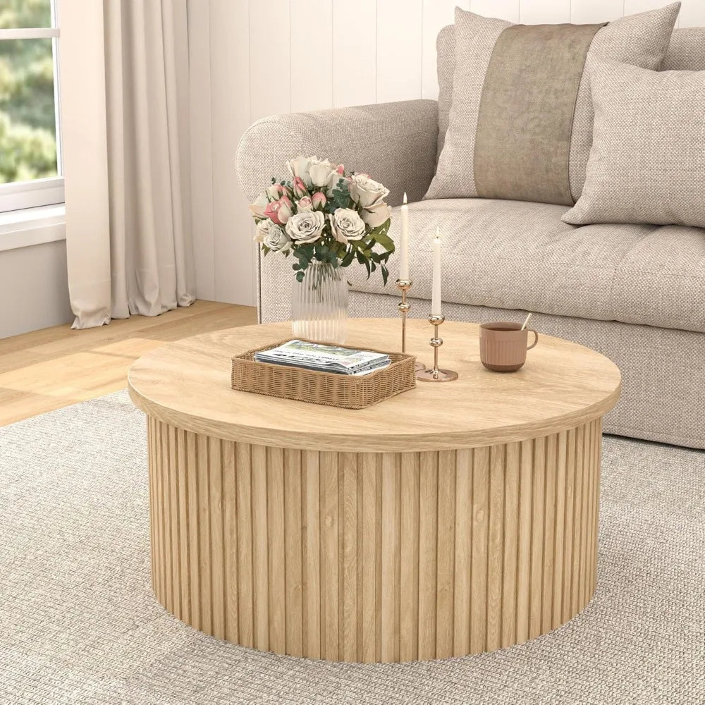Round Fluted Lift Top Coffee Table with Storage 34.6 Inch Farmhouse Round Coffee Table for Living Room Circle Wood Accent Center