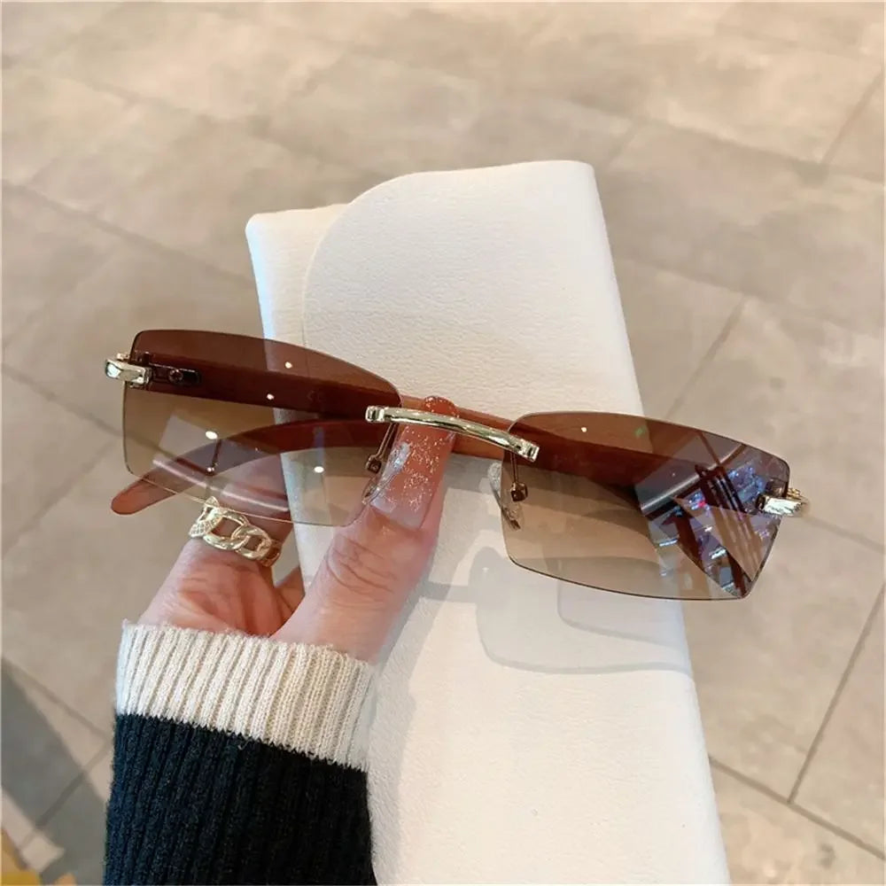 Rimless Sunglasses Men Women Wooden Pattern Luxury Brand Retro Square Sun Glasses Fashion Shades UV400 Travel Outdoor Eyewear