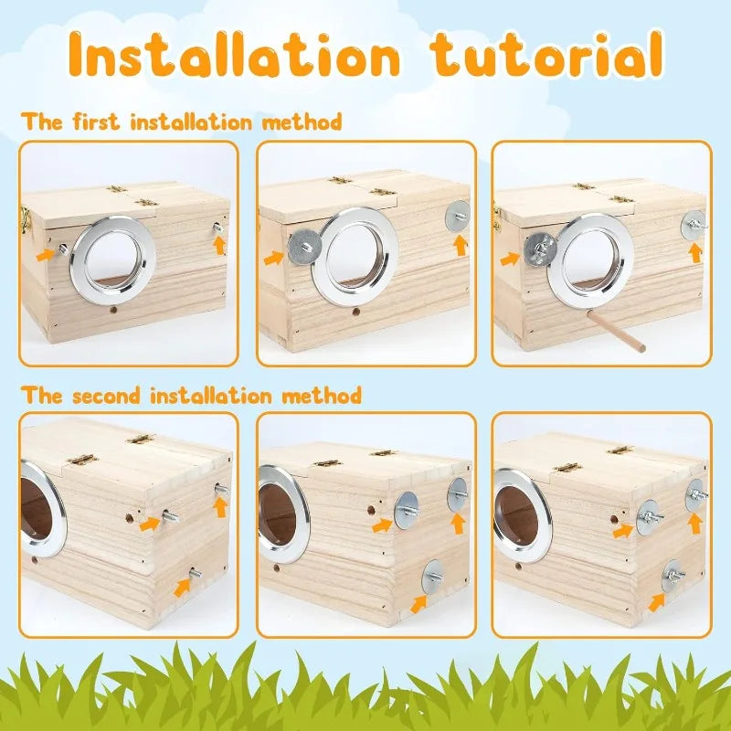 Parakeet Nesting Box - Transparent Design, Wooden Breeding House with Perch for Cockatiel, Lovebirds, Budgie, Finch, Parrotlets