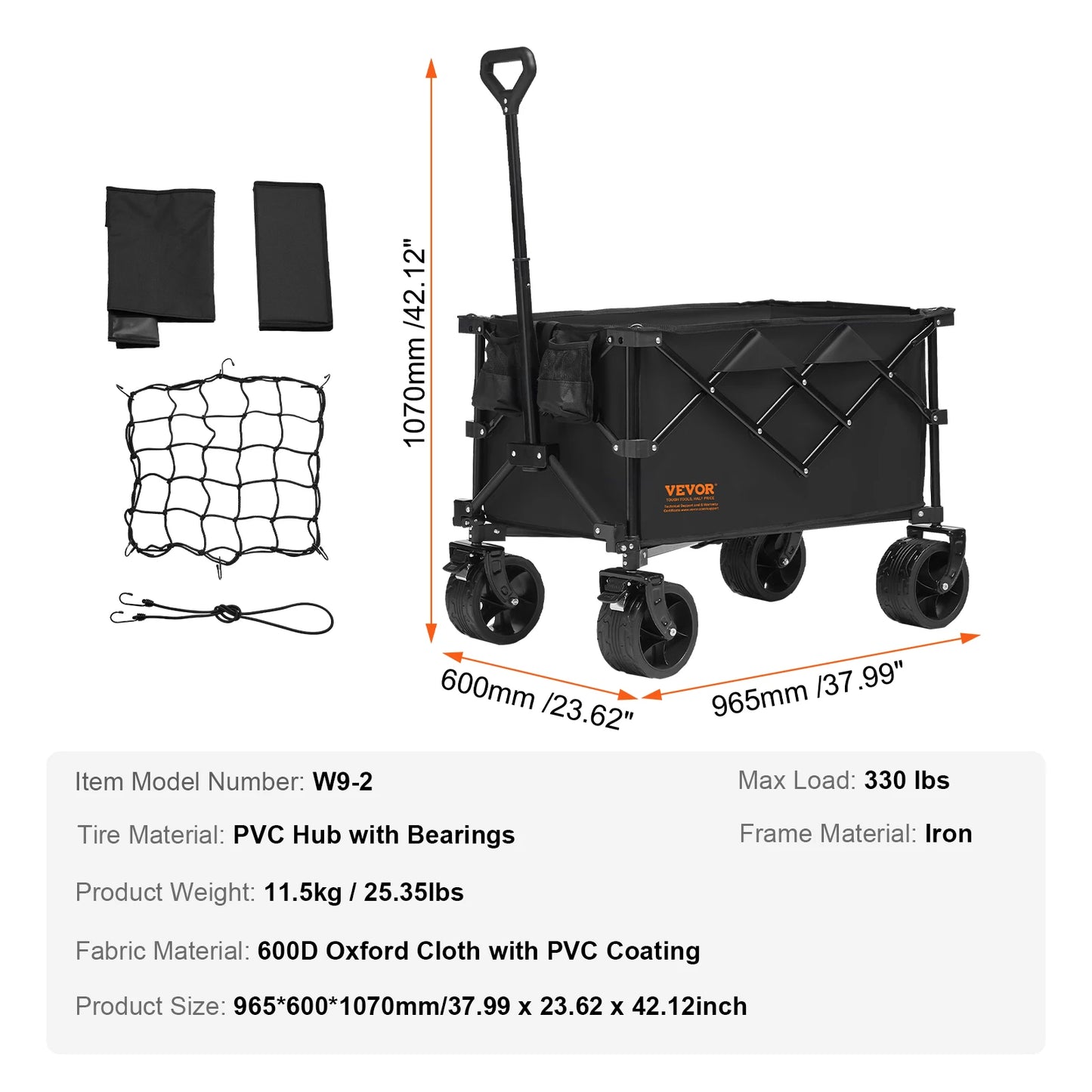 VEVOR Collapsible Folding Beach Wagon Cart with All Terrain Wheels and Drink Holders for Camping Shopping and Garden