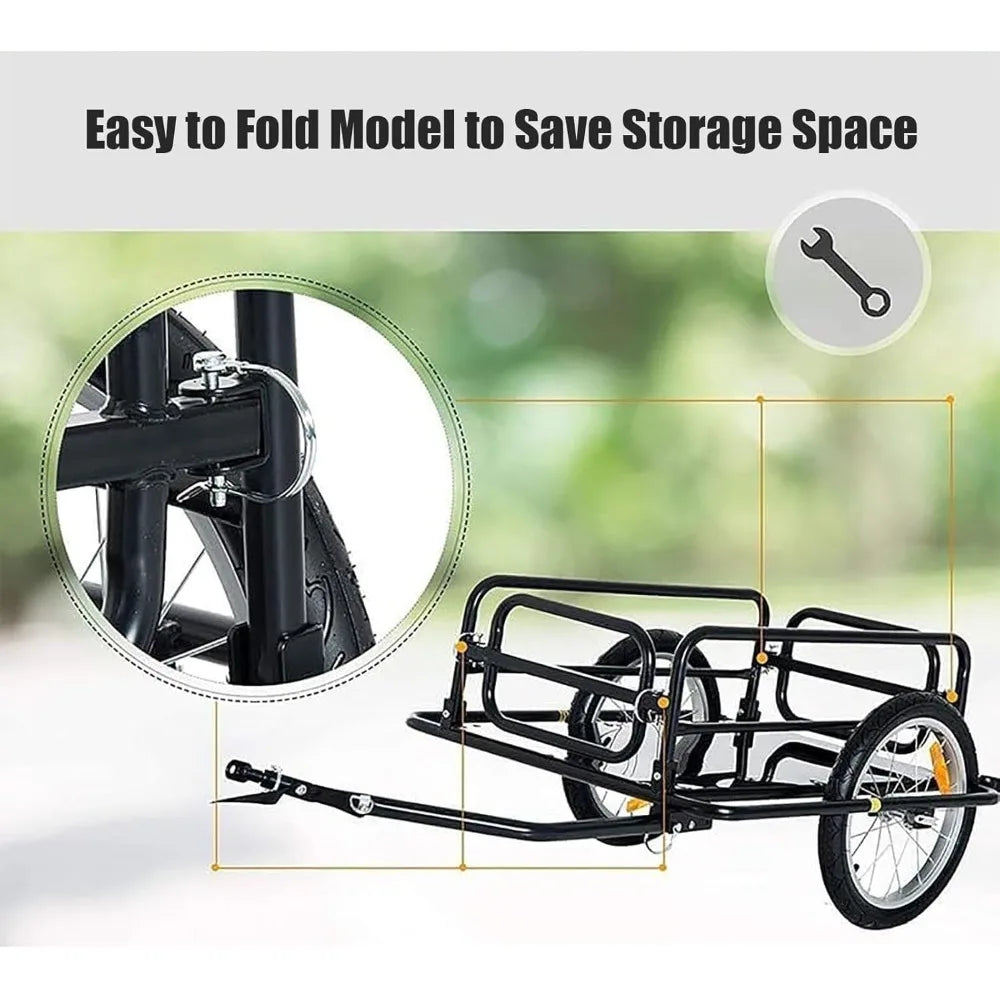 Foldable Bike Cargo Trailer, 60kg Capacity with 16 Inch Wheels, Reflectors, Quick-Release Hitch, Easy Load Storage Cart