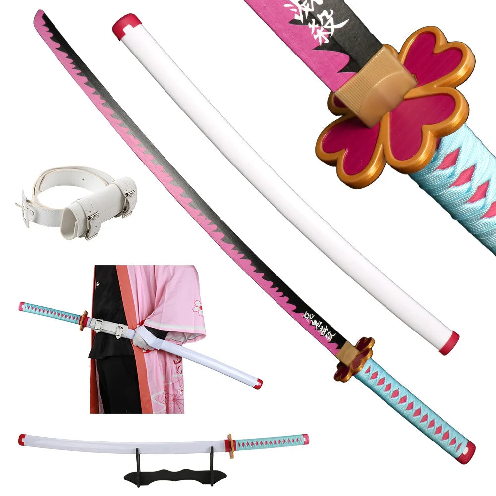 104cm Demon Slayer Katana Sword Kimetsu no Yaiba Wooden Cosplay Anime Weapon Sword Toy Katanas with Display Stand and Belt