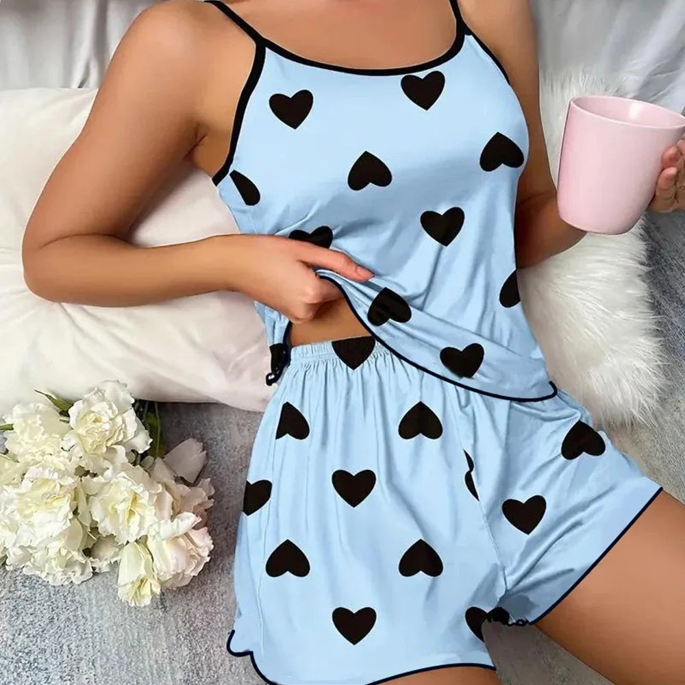 Women's Ice Silk Pajama Set – Pink Heart Print Short Sleeve T-Shirt & Shorts, Comfortable Summer Sleepwear