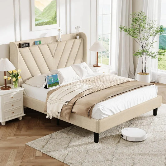 Queen Bed Frame with Headboard, Adjustable Upholstered Platform Bed Frame with Type-C&USB Ports, Wingback Storage Headboard, Sol