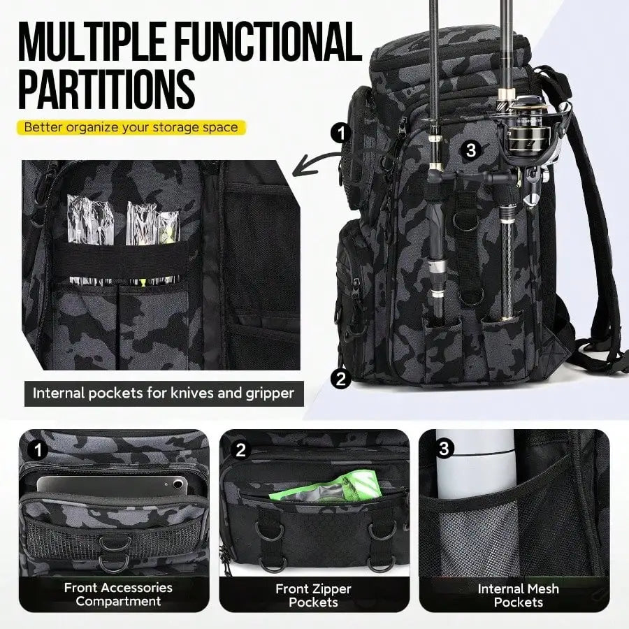 Fishing Tackle Backpack With Rod Holders 42L Capacity Bag