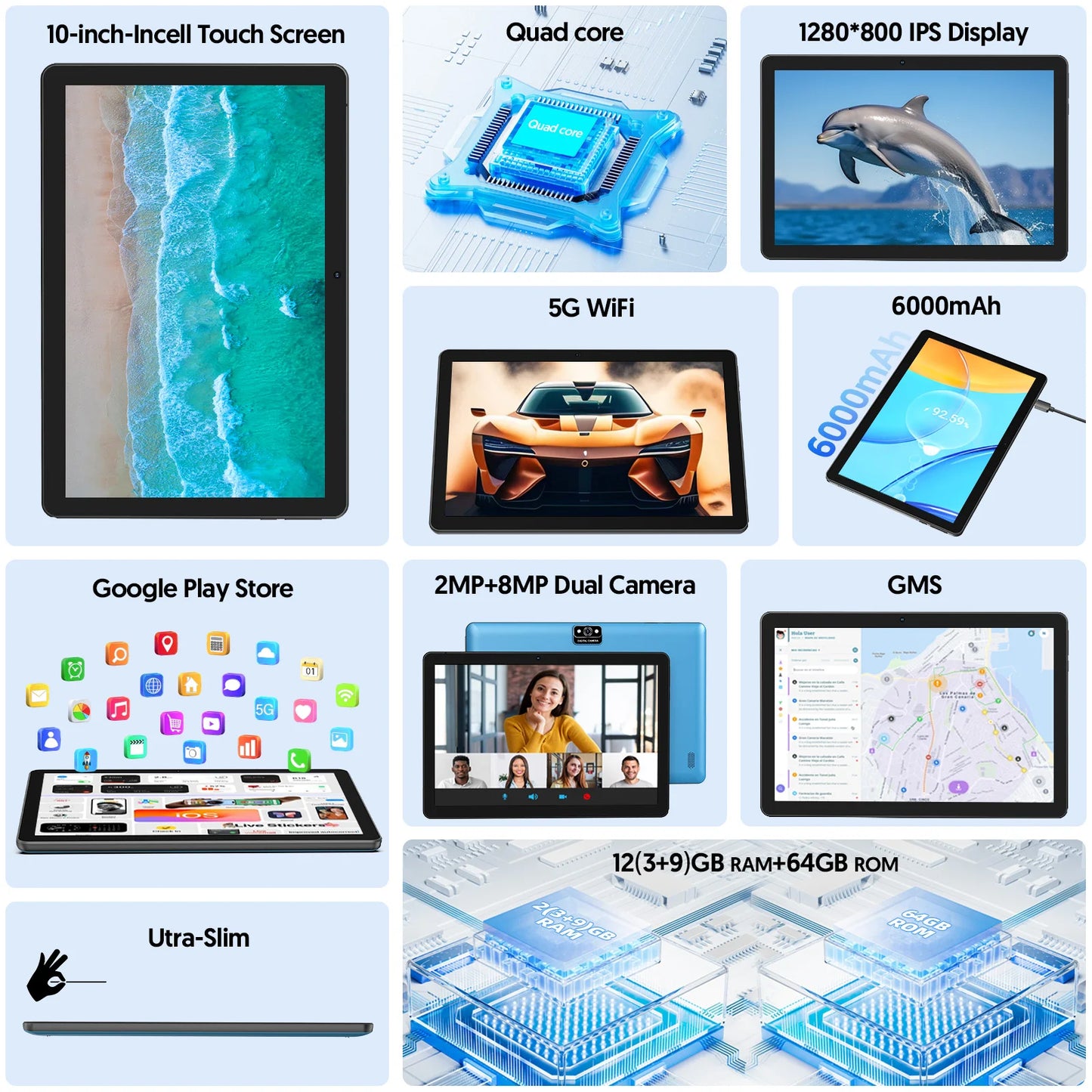 10-inch Android 13 tablet, quad-core processor, 7GB (3G+4G memory expansion) RAM+64GB ROM, dual cameras, WiFi, Bluetooth