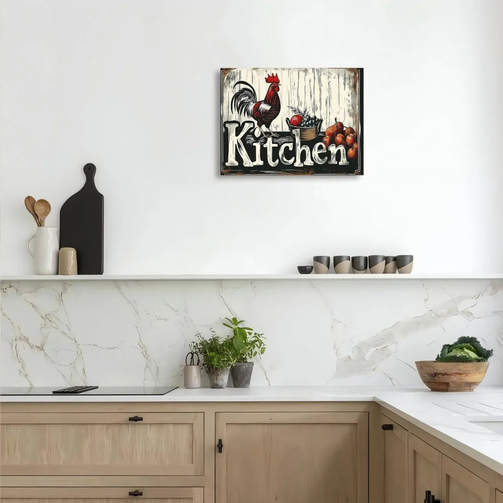 1.5 "chunky wood pine frame, interior art Deco, home decor mural, charming farmhouse kitchen canvas, chicken and food design