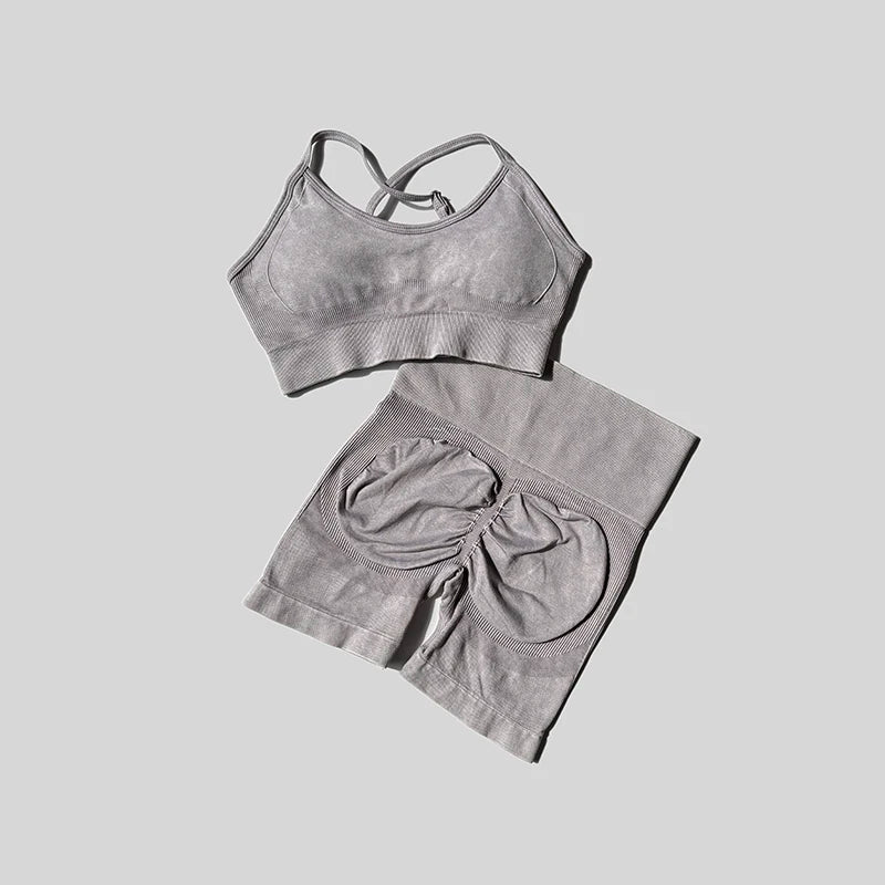 WAREBALL Women Gym Bike Sports Set Short Legging Cross Back Sport Bra 2pc Tracksuit Athletic Suit