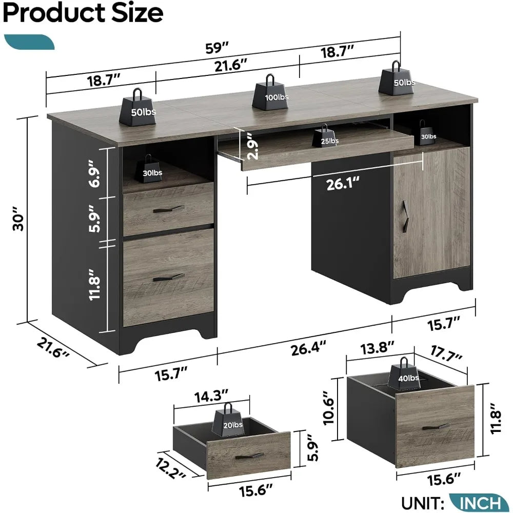 59" Executive Desk with 2 Drawers, Computer Desk with Storage Cabinet, Industrial Wood Design with File Drawer – Office-Ready Wo