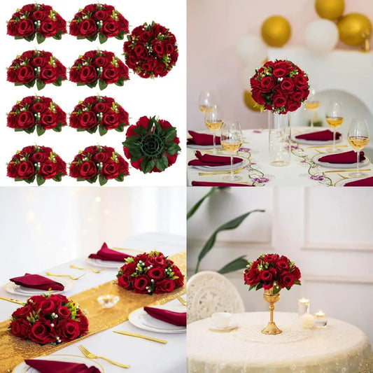 Flower Centerpieces for Tables Wedding: 10 Pcs Crimson Red Artificial Rose Flowers Balls Decoration - Fake Silk Kissing Floral