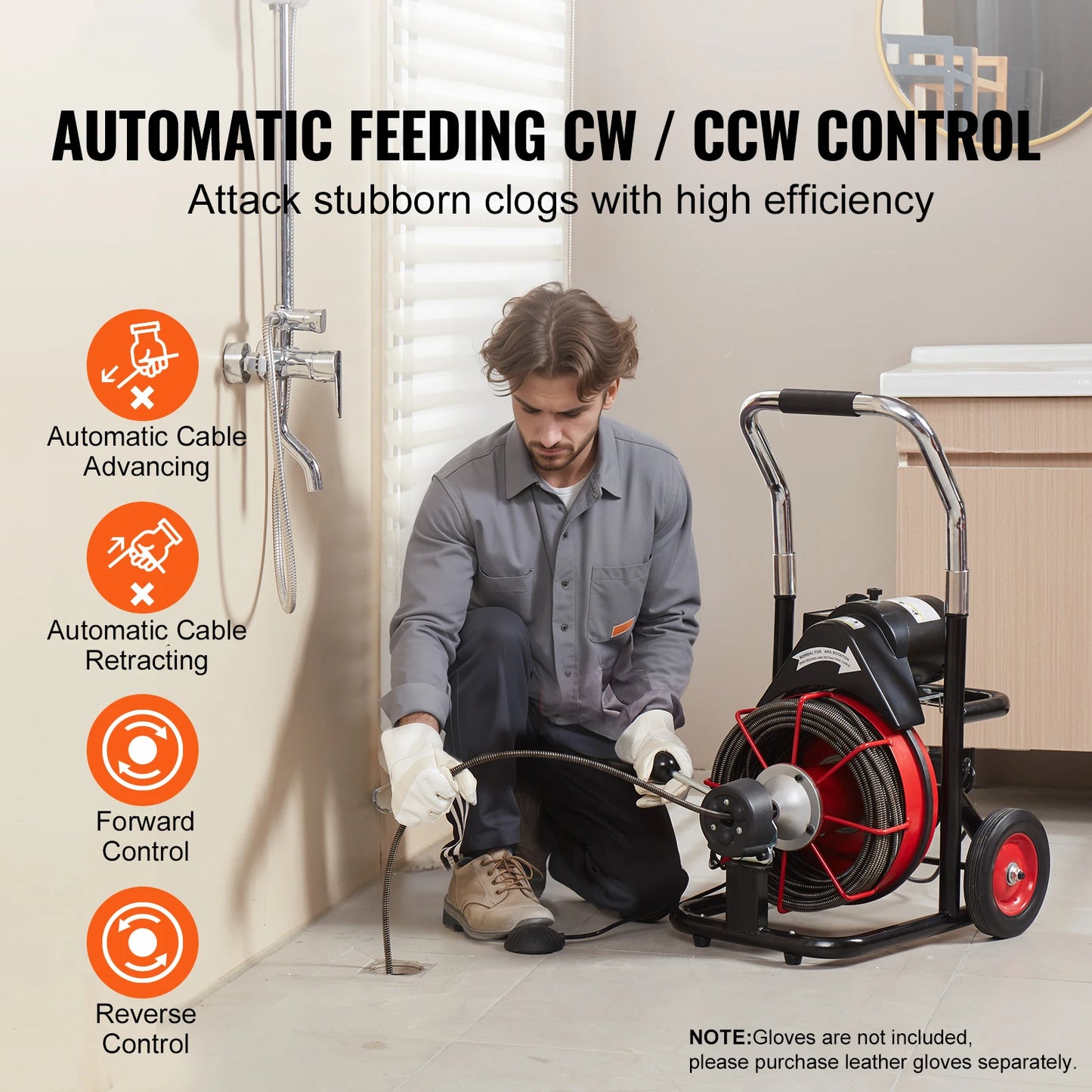 SucceBuy Drain Cleaner Machine 100FT Auto Feed Sewer Snake Auger with Wheels 550W/370W Portable Drain Cleaning Machine for Pipes