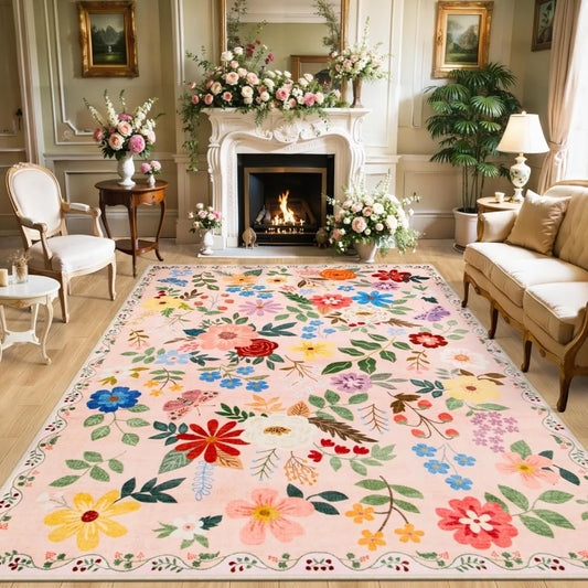 8x10 Area Rugs for Living Room: Floral Washable Rug Vintage Large Soft Boho Non-Slip Carpet Indoor Floor Stain Resistant Carpets
