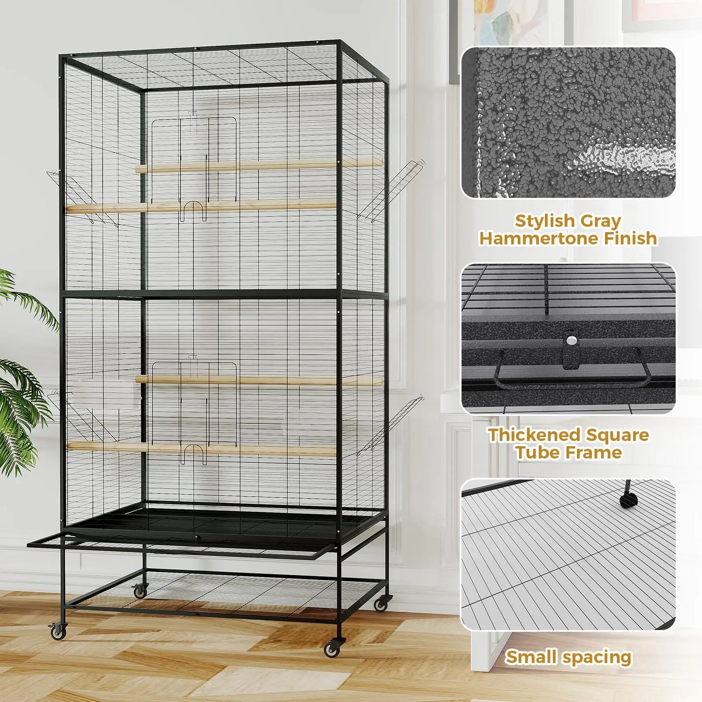 61" Large Bird Cage, Metal Fight Cage with Play Top, Rolling Stands, Feed Bowls, Wide Tall Parrot Cage for Parakeets, Conures, C