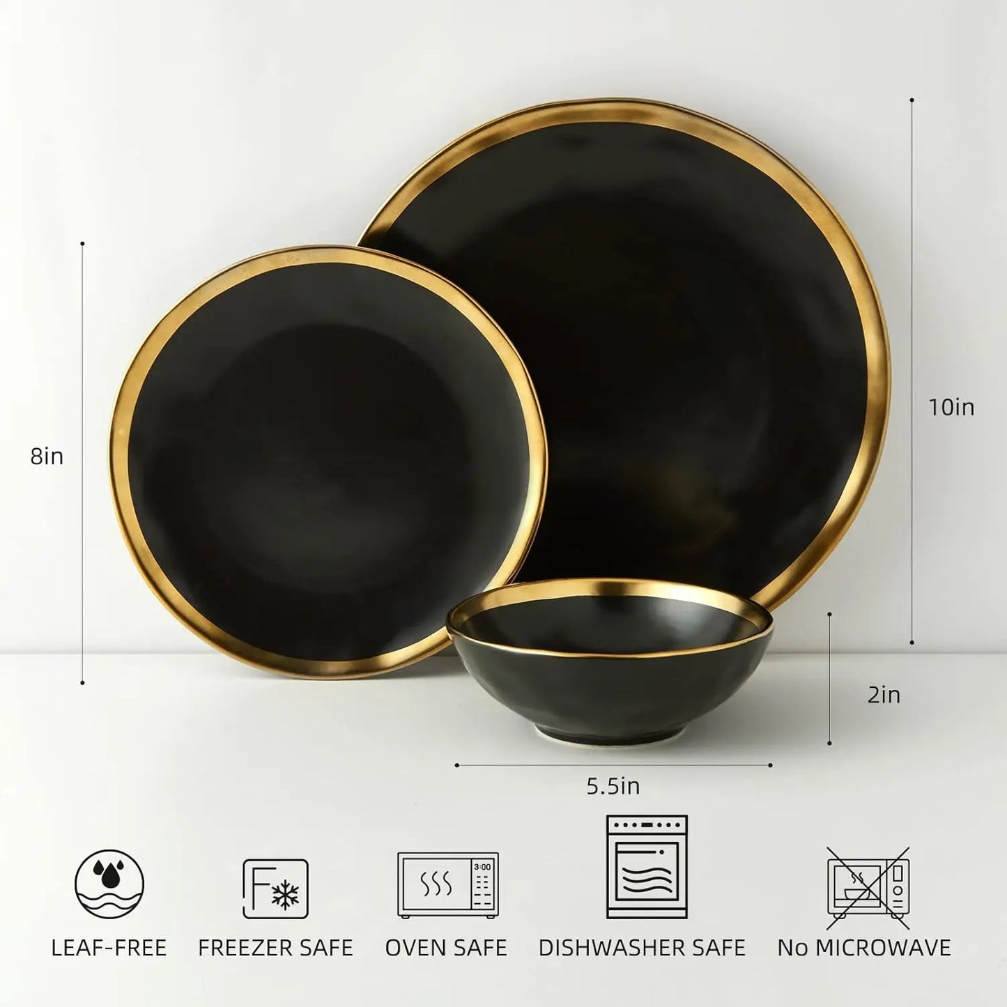 Black Luxury Plates and Bowls Sets, 12 Piece Porcelain Dinnerware Sets Service for 4, Modern Dinner Plates Set, Gold Rim Dish Se