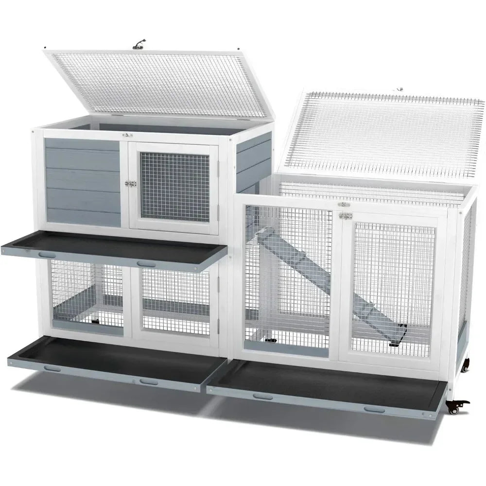 Two Floors 58" Wooden Indoor Bunny Hutch Rabbit Cage on Wheels Guinea Pig PET House for Small to Medium Animals