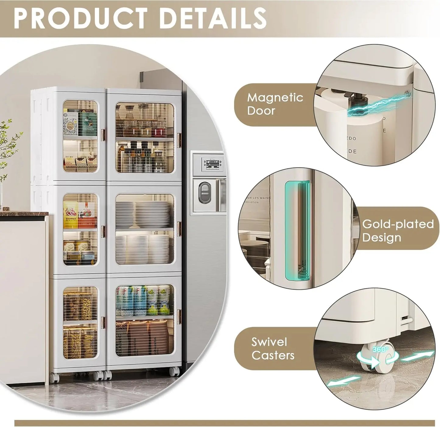 4-Tier Plastic Tall Narrow Storage Cabinet with Movable Wheels, Adjustable Shelves, Magnetic Doors,