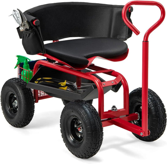 Goplus Garden Cart, Outdoor Rolling Garden Scooter W/Adjustable 360 Degree Swivel Seat, Tool Tray & Storage Basket