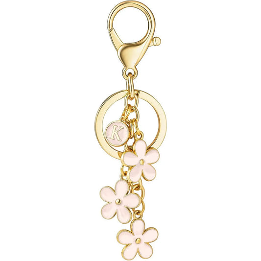 Initial Keychain White/Pink Flower Charms Key Cute Letter Keyring For Handbag Backpack