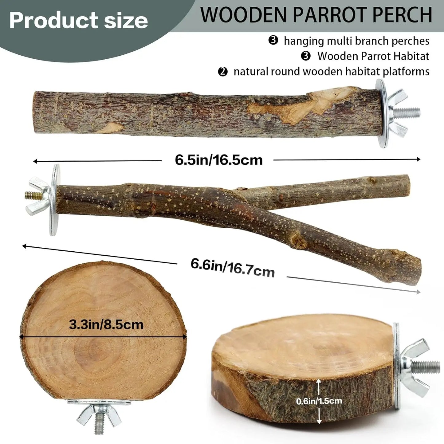 8PCS Natural Wood Bird Perches – Multi-Branch Cage Stand & Platform for Parakeets, Budgies, Cockatiels & Small Parrots