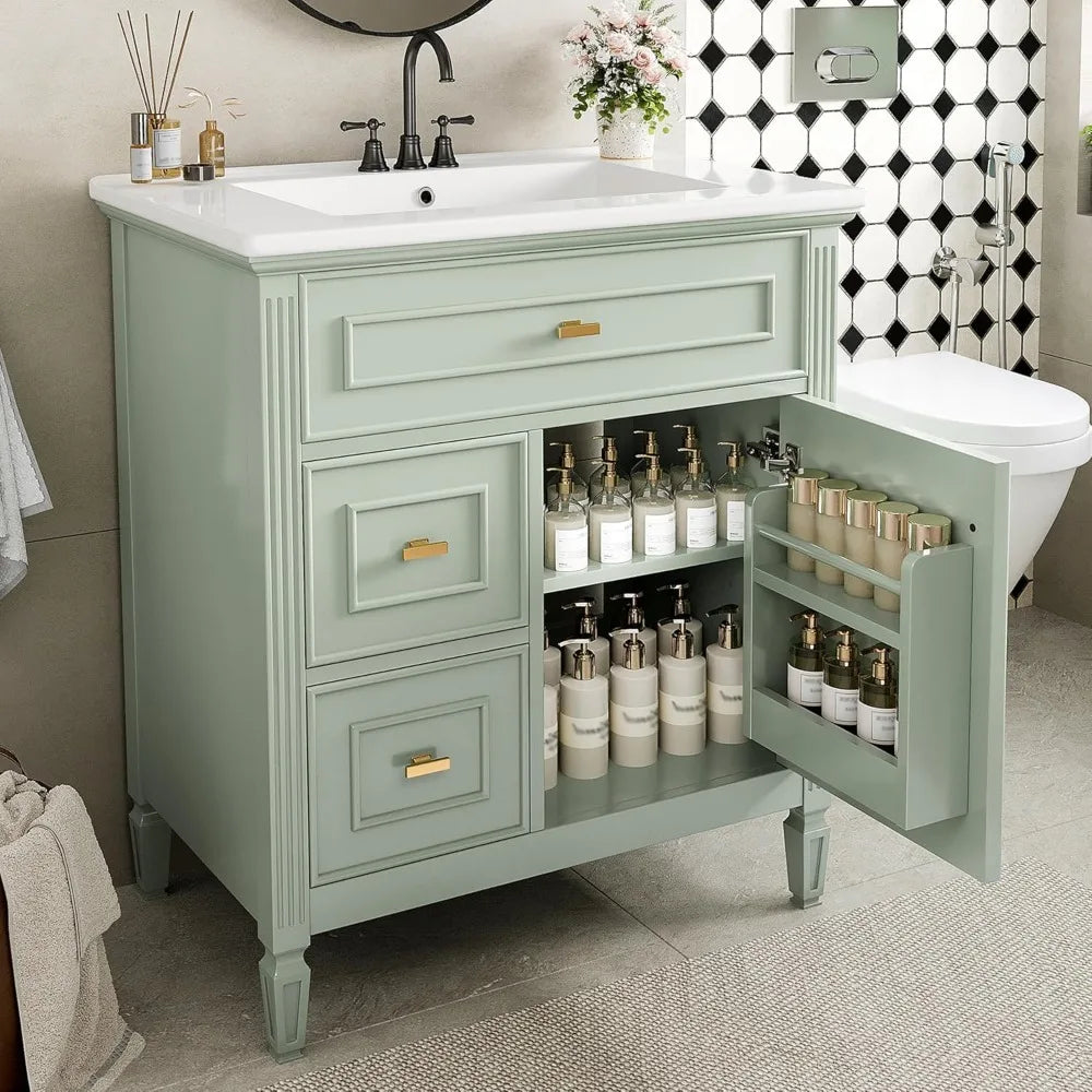 30" Bathroom Vanity with Sink Combo Set, Solid Wood Frame Bathroom Storage Cabinet with 2 Drawers and a Tip-Out Drawer, a Adjus