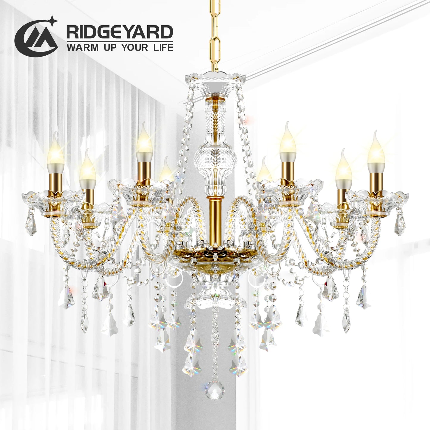 Ridgeyard 4-18 Arms K9 Crystal Chandelier Modern Luxury Boutique Country Style For Hallway Living/Dining Room Bedroom Home Light