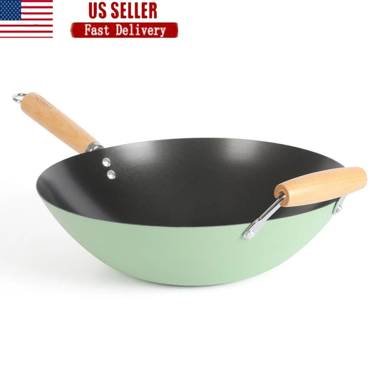 Carbon Steel Wok 14 Inch Nonstick High Heat Cooking Induction Safe Easy Clean Durable Kitchen Essential Cooking Tool