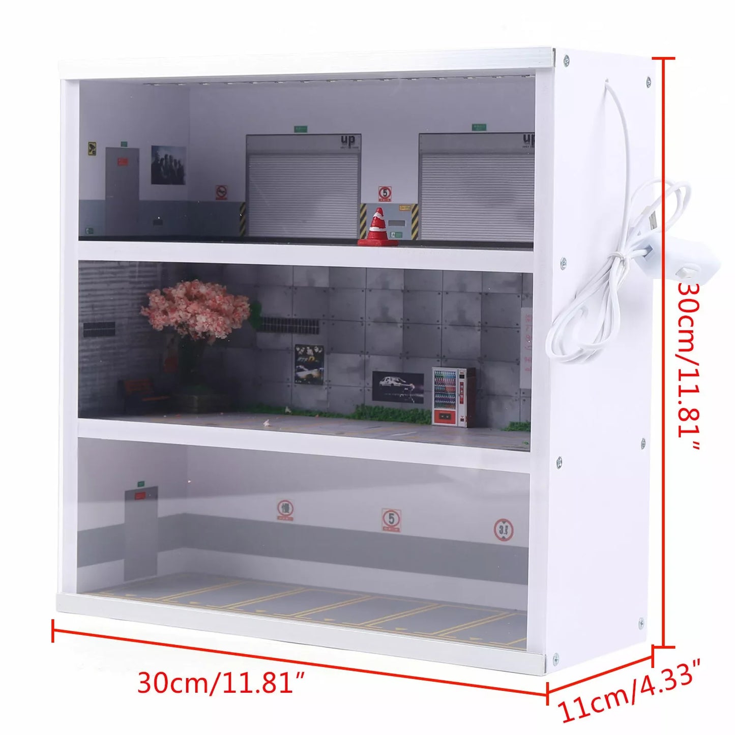 1:64 Scale Diorama Parking Lot Display Scene Model, with LED Light, 3 Tiers, 16 Spaces, Modern White, Home Decor & Storage