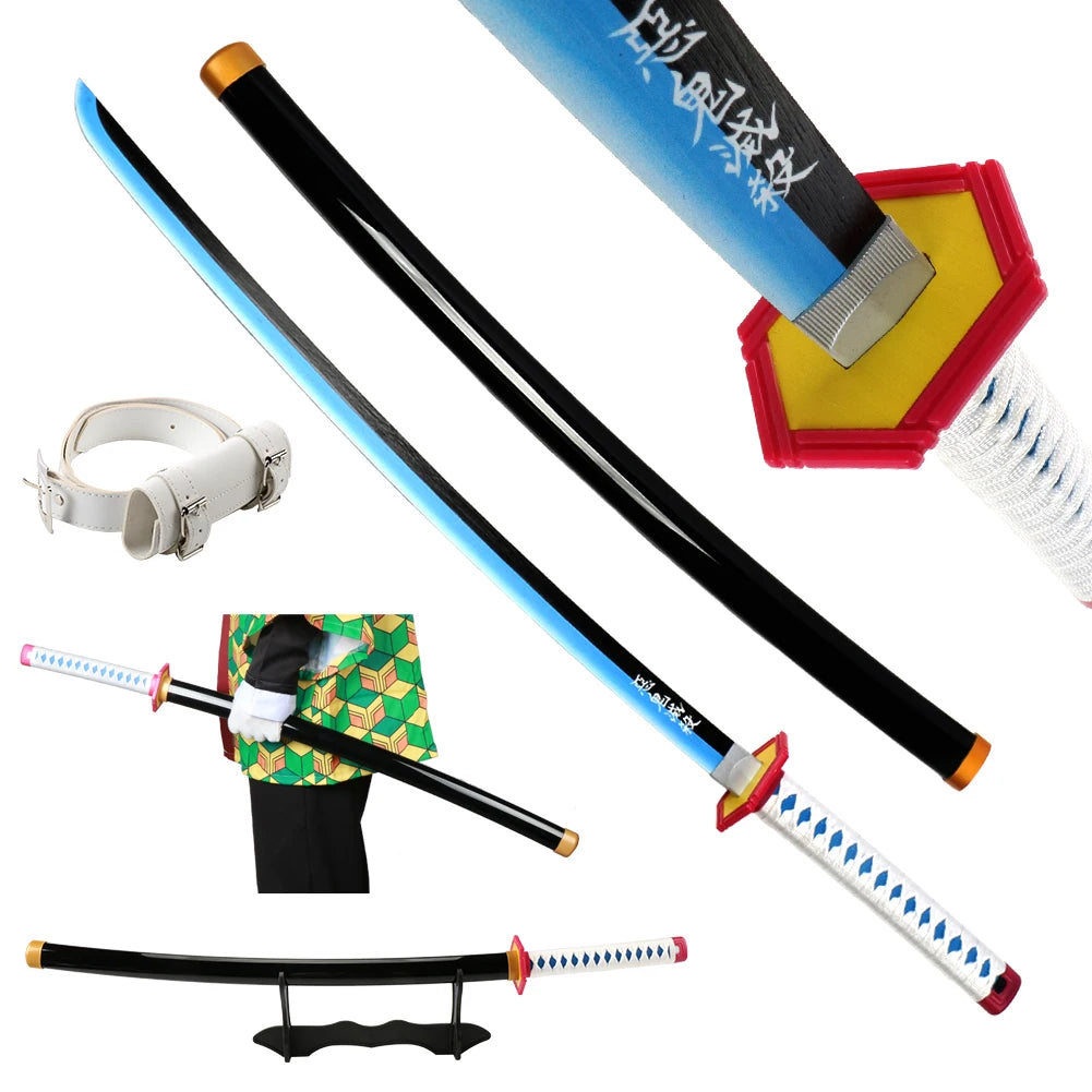 104cm Demon Slayer Katana Sword Kimetsu no Yaiba Wooden Cosplay Anime Weapon Sword Toy Katanas with Display Stand and Belt
