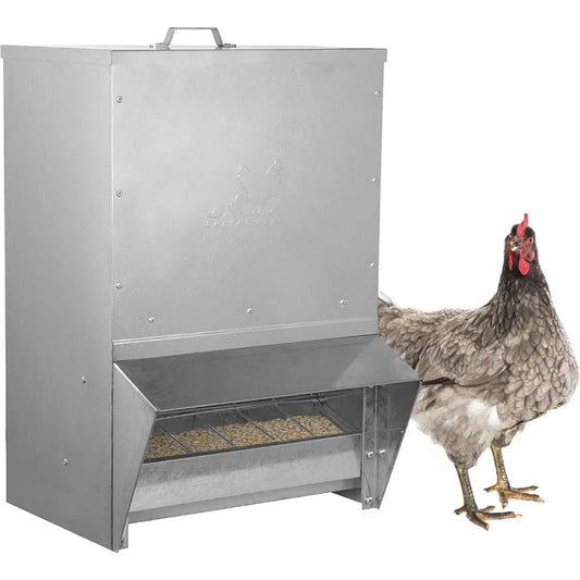 RentACoop Mounted Metallic Trough Poultry Feeder: Waterproof, Chickens/Poultry/Etc. (50LB Capacity)