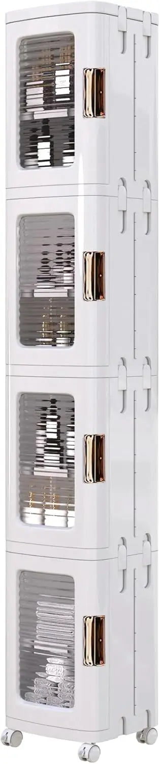 4-Tier Plastic Tall Narrow Storage Cabinet with Movable Wheels, Adjustable Shelves, Magnetic Doors,