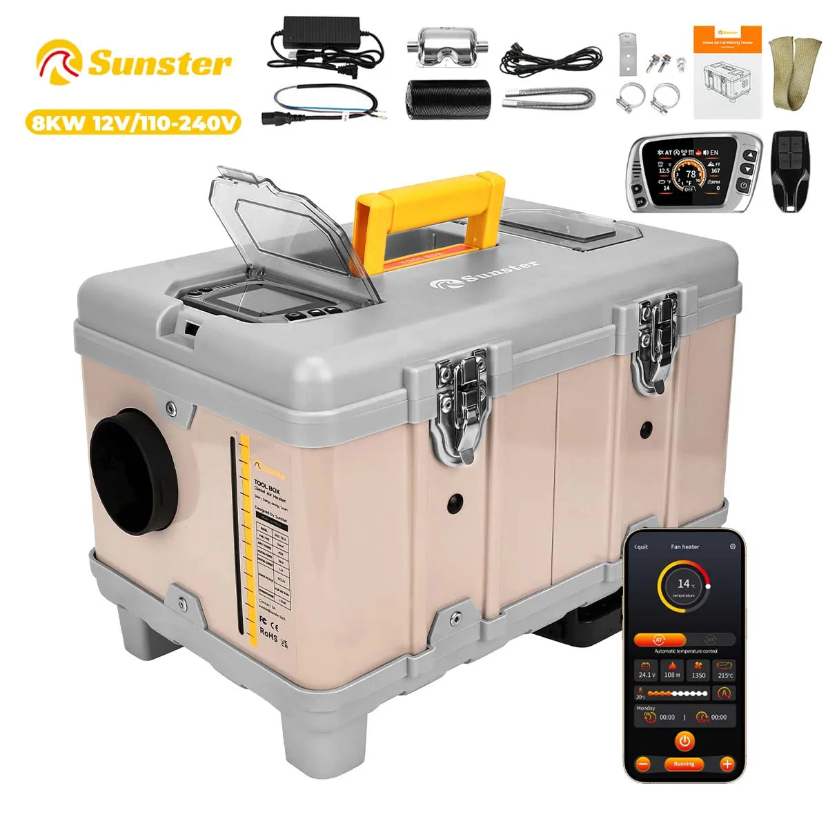 8KW Diesel Heater 12V Portable toolbox Diesel Parking Air Heater w/Bluetooth/Ventilation/Timing Function For Vehicles Outdoor RV