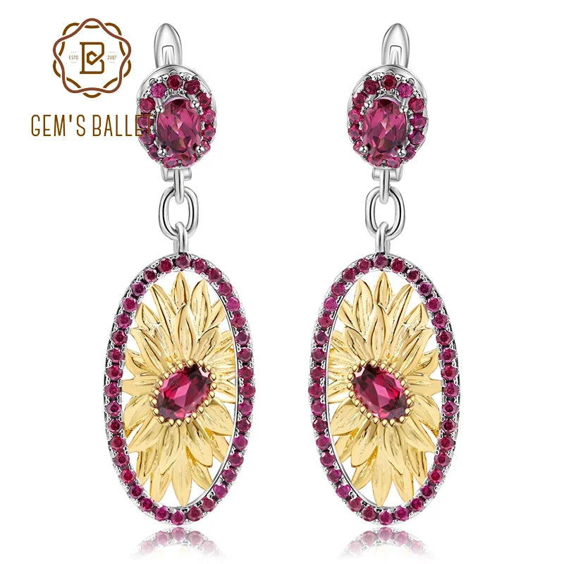 GEM'S BALLET 925 Sterling Silver Original Handmade Earrings 2.40Ct Natural Rhodolite Garnet Sunflower Drop Earrings for Women