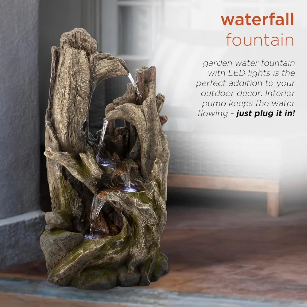 WIN786 4 Tier Rainforest Tree Trunk Waterfall Fountain with LED Lights Outdoor Garden, Patio, Yard and Porch Decor, 40"H