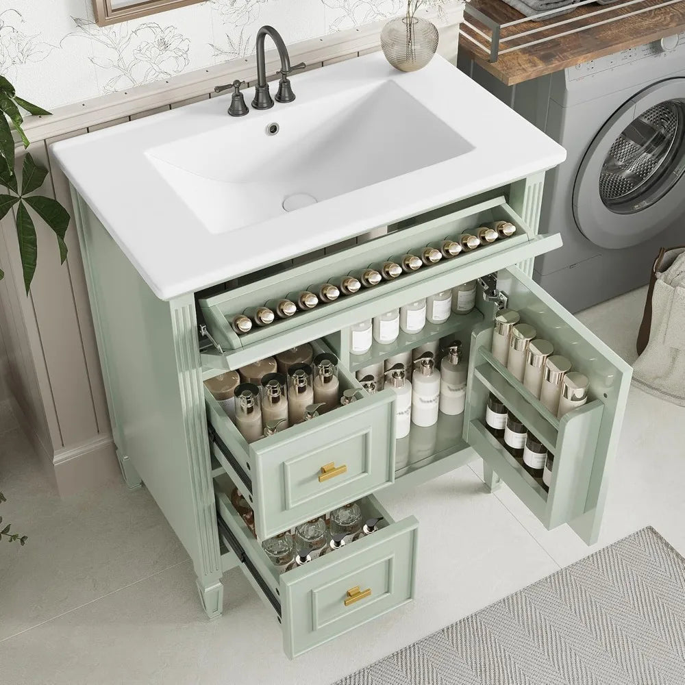 30" Bathroom Vanity with Sink Combo Set, Solid Wood Frame Bathroom Storage Cabinet with 2 Drawers and a Tip-Out Drawer, a Adjus