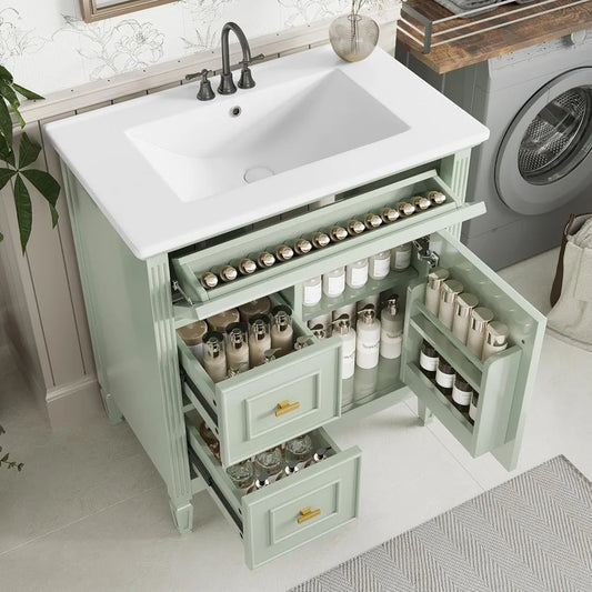 30" Bathroom Vanity with Sink Combo Set, Solid Wood Frame Bathroom Storage Cabinet with 2 Drawers and a Tip-Out Drawer, a Adjus
