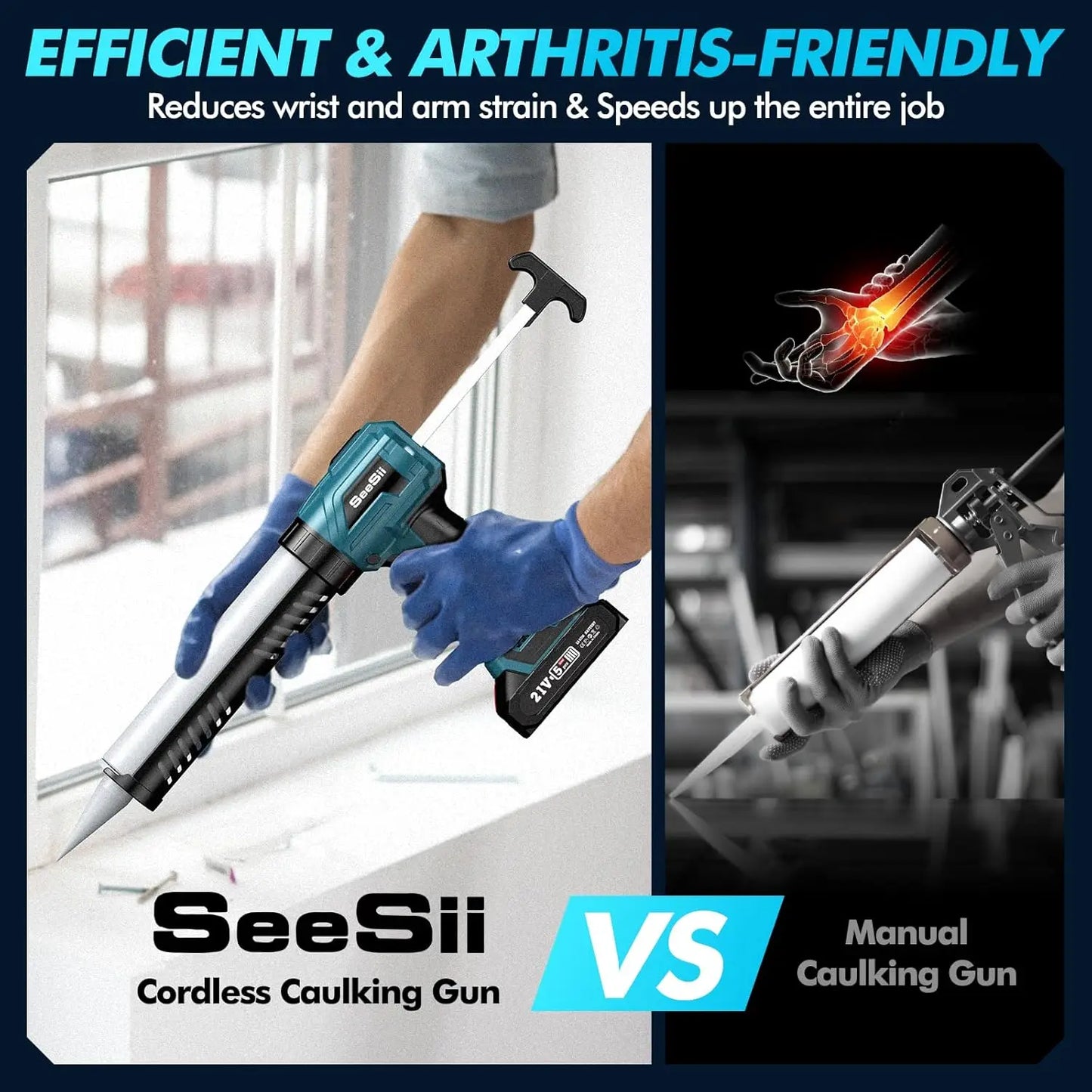 Seesii Cordless Caulking Gun 21V Battery Caulk Gun Electric Glue Gun 4 Speeds Auto Retract, Adhesive Gun Kit for Filling Sealing