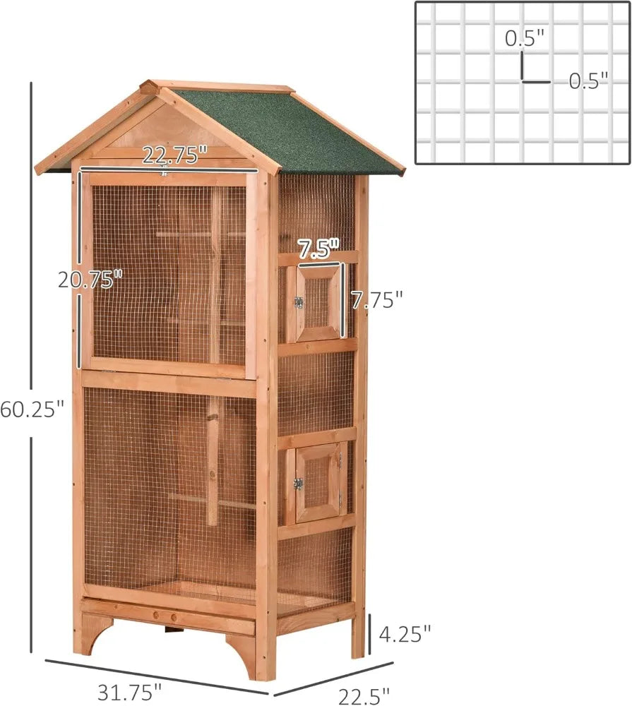 60" Wooden Outdoor Bird Cage for Finches, Parakeet, Large Bird Cage with Removable Bottom Tray 4 Perch, Orange