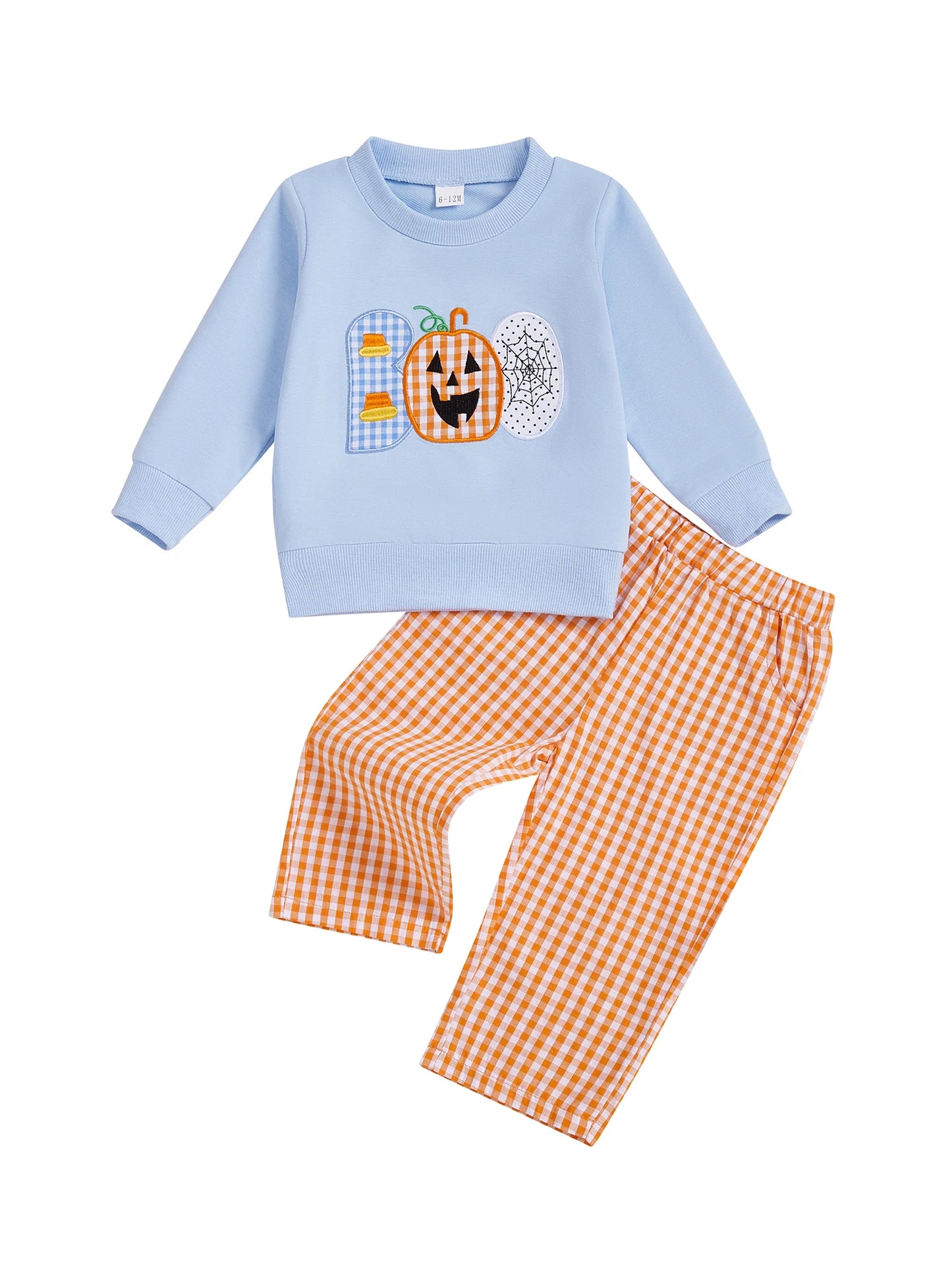 Adorable Toddler Boy Halloween Costume Set with Pumpkin Embroidery and Plaid Pants for a Spooky Fun Look