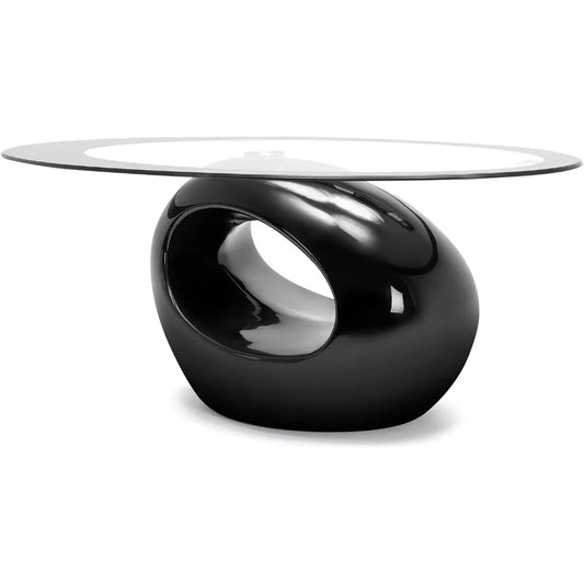 Oval Glass Coffee Table with High Gloss Hollow Base & Tempered Glass Top, Side Table for Living Room, Sitting Room, Black Uniqu
