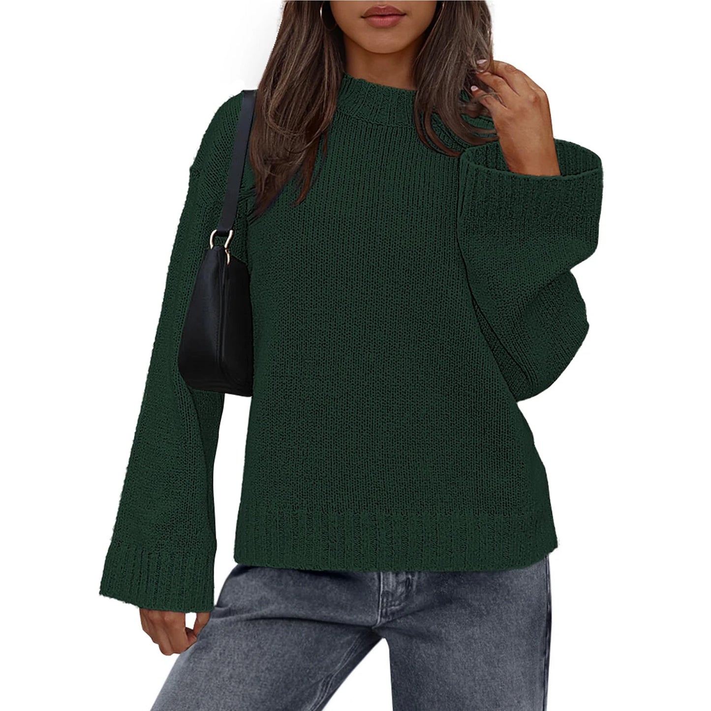 Womens Loose Round Neck Solid Color Bell Sleeve Long Sleeve Knitted Sweater Top Ropa De Mujer Sweater De Mujer Pull Femme