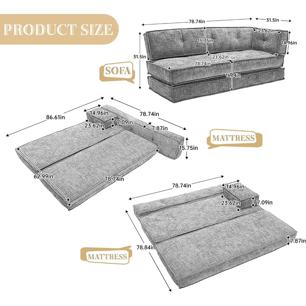 Modular Couch Convertible Sleeper Floor Sofa Bed, Chenille Folding Mattress Couch with Side Bag Storage, 4-in-1 Combined Lazy So