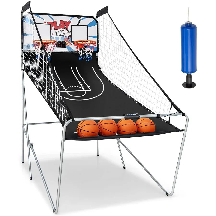 Folding Basketball Arcade Game for Indoor Outdoor Use Electronic Hoop with 8 Interactive Game Modes 4 Balls Dual Adjustable Hoo